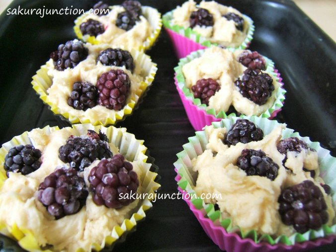 Blackberry and cake in cups