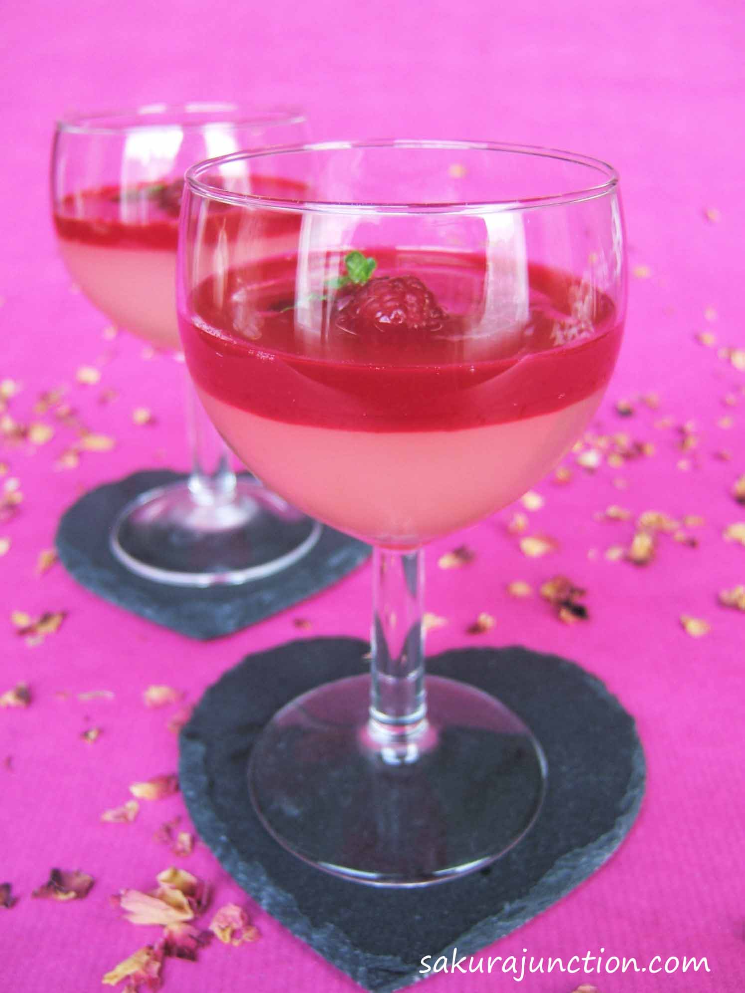 Rosy Sake Jelly with Raspberry Sauce 1