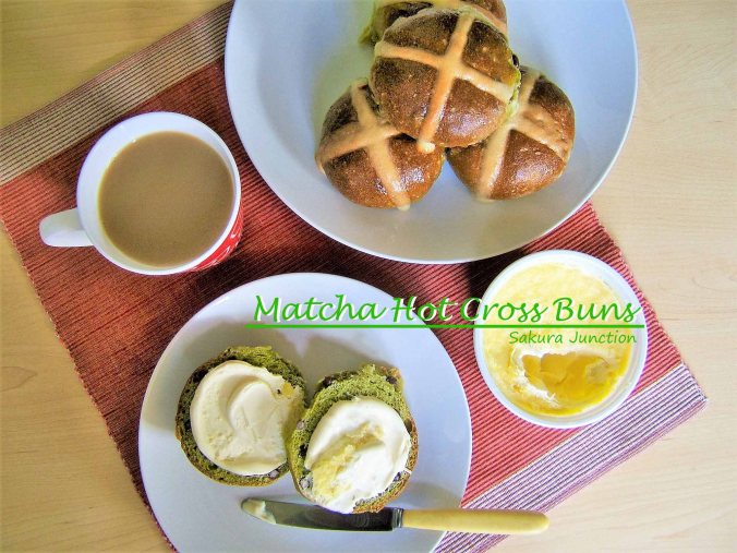 Matcha Hot Cross Buns with tea 2